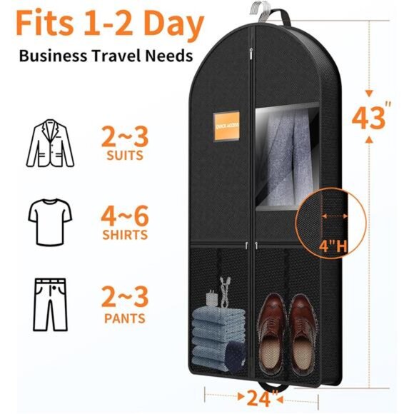 Suit Garment Clothes Travel Bag: 43 inch Lightweight Foldable Black Short - Picture 3 of 7